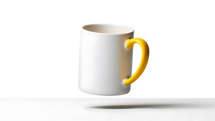 Obraz premium Floating White Mug with Yellow Handle Isolated Against White Background Modern Minimalist Coffee Mug Kitchenware Drinkware