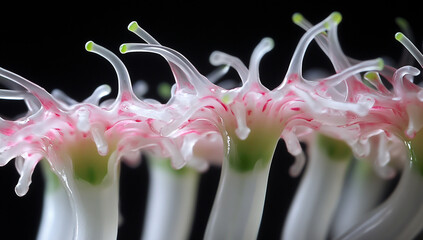 Close-up of pink and green flower petals with narrow tentacles on a black background.
