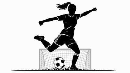 Dynamic black silhouette of a female soccer player performing a high kick