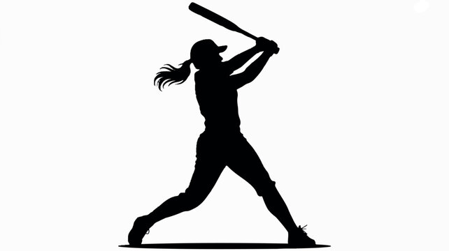 Black silhouette of a female softball player in a batting stance on a white background