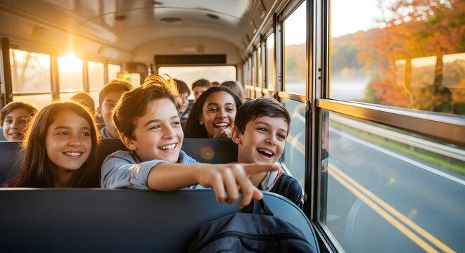 Group of diverse school children riding a school bus, laughing and pointing out the window at the autumn landscape during a sunny day.