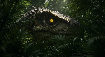 Obraz premium A Mapusaurus dinosaur head with a yellow eye surrounded by green foliage in a jungle like environment view