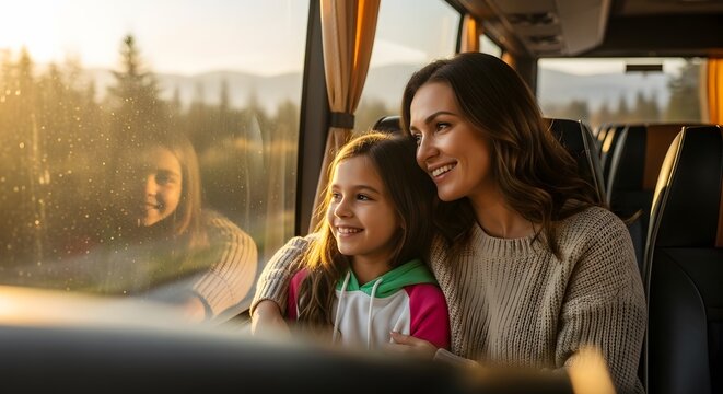 Mother and daughter enjoy the scenery from a bus window during a sunny trip, with trees visible outside.