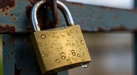 Rain-Kissed Padlock on Rusted Metal Gate