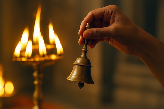 Hand ringing small brass temple bell with golden aarti flames in background, Hindu religious ceremony close-up during worship