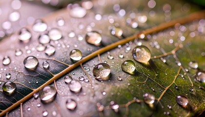 Macro close-up of green leaf with morning dew droplets