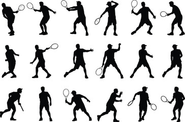 Silhouettes of tennis players in action, vector set of athletes with racket, dynamic sports poses, isolated black shapes