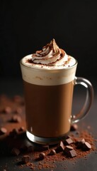 Dark frothy cappuccino, chocolate sprinkles & chunks , food photography, milk, hot