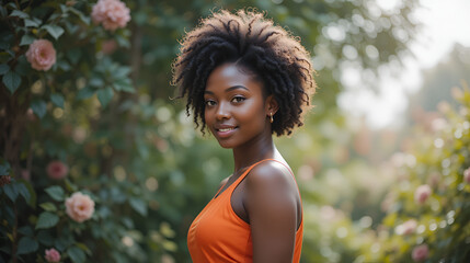 portrait of a black woman in a garden wearing an orange dress