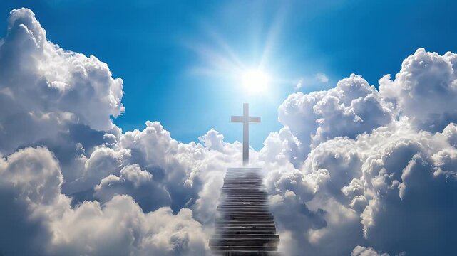 A cross on the clouds with stairs leading to heaven, sun shining in blue sky
