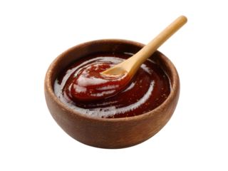 Rich dark barbecue sauce in wooden bowl with spoon image, Png Transparent, Isolated on White
