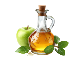 Green apple liquid in glass bottle with cork and leaves image, Png Transparent, Isolated on White