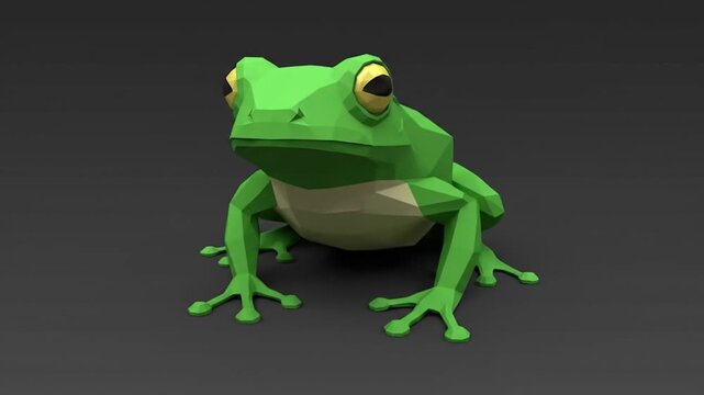 A low poly green frog with yellow eyes sitting on a gray surface in a studio environment view