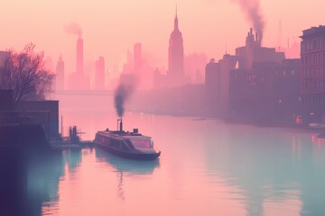 A hazy cityscape by a calm river at dawn.