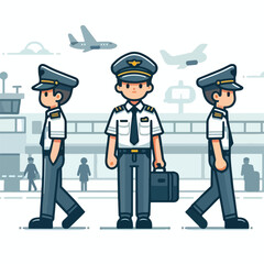 image of a pilot walking in a terminal with a simple and minimalist flat design using a white background