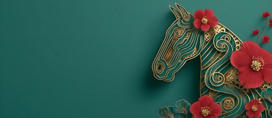 Happy new year 2026 the horse zodiac sign with flower, lantern, Asian elements on Green background. Elegant golden horse silhouette paper-cut style on green background for Happy Chinese new year 2026