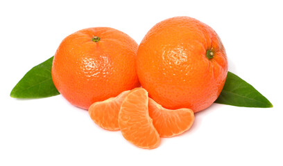 Fresh mandarin fruit and peeled with leaves isolated on white background. Juice, healthy and tasty
