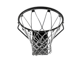 Metallic basketball hoop with white net against black background sport, Png Transparent, Isolated on White
