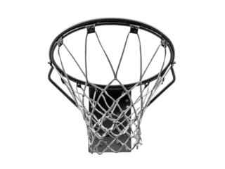 Metallic basketball hoop with white net against black background sport, Png Transparent, Isolated on White
