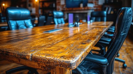 Large wood table and black office chairs setting