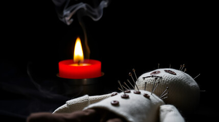 voodoo doll needles and pins red candle, smoke and fire on a black background close up selective focus, witchcraft concept