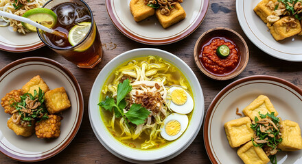 Overhead arrangement of Indonesian cuisine dishes featuring soto ayam, tahu goreng and beverage