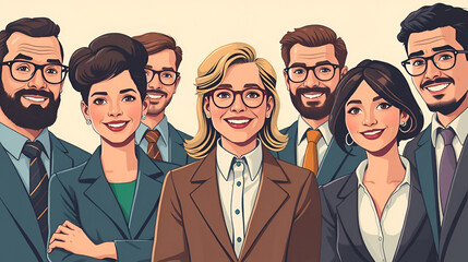 Diverse community of professionals in a retro illustration style portrait