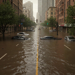 City street submerged in floodwaters with vehicles inundated