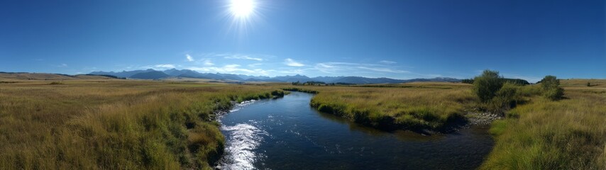 Fototapeta premium Panoramic 360-degree hdr landscape of a serene river in nature's vast beauty