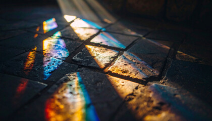 Crystal Prism Rainbows on Stone Chapel Floor
. Wedding Concept. Generated Image