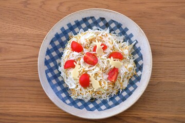 rabbit shaped slice cheese and fried noodle salad

