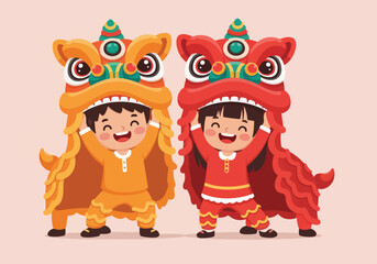 Two cheerful children performing a traditional lion dance together celebrating © Rosie Lee