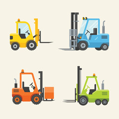 Four Colorful Forklifts Ready for Warehouse Operations Industrial Vehicles