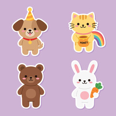 Cute cartoon animals with party hats and food enjoying a fun day