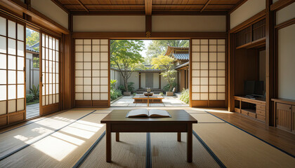 Traditional Japanese tatami room with open shoji doors facing a peaceful zen garden, minimal interior with low wooden table and natural sunlight through sliding panels
