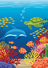 Vibrant coral reef teems with diverse marine life including dolphins turtles and schools of colorful fish