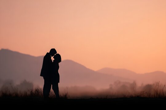 Silhouette of a loving couple embracing at sunset, bathed in golden light, symbolizing romance, intimacy, and beautiful moments together