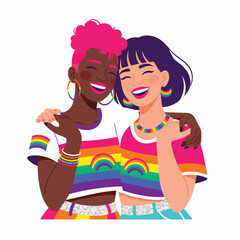 Joyful friends celebrating LGBTQ pride with colorful rainbow attire and accessories