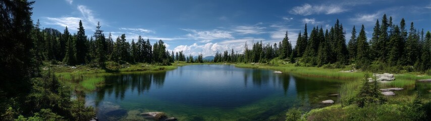 Fototapeta premium Scenic 360 degree hdr panorama of tranquil lake surrounded by lush forests in nature