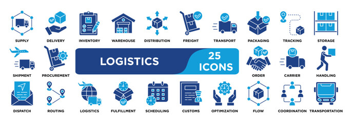 logistics icon collection set. Containing transport,supply,shipment,delivery,inventory,warehouse,distribution,freight,packaging,tracking icon. dual tone vector.

