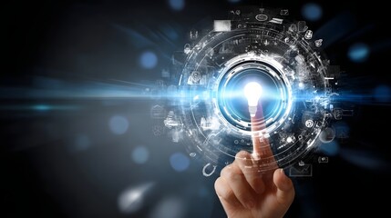 A finger pressing a digital futuristic circular interface surrounded by abstract blue holographic elements icons and data flow creating a high tech modern background with depth and flare effects