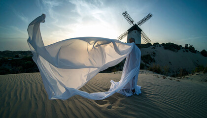 Silk Ribbons Tied to Desert Windmill Blades
. Wedding Concept. Generated Image