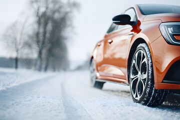 Close up of an orange car with winter tires driving on a snow covered road