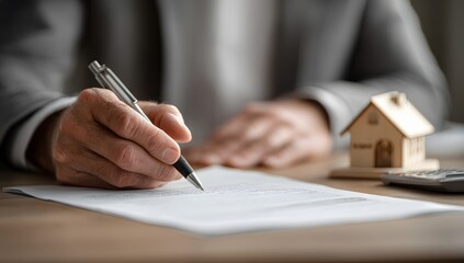 Real estate agent at his desk carefully reviewing and signing a property purchase agreement with a client in a bright and modern office setting