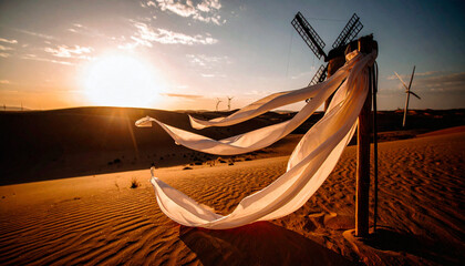 Silk Ribbons Tied to Desert Windmill Blades
. Wedding Concept. Generated Image