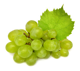 Green grapes with leaves isolated on white background