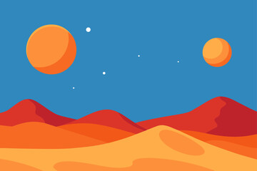 Vast alien desert landscape under a blue sky with two orange planets