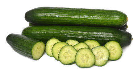 Cucumber whole and cut rings isolated on white background