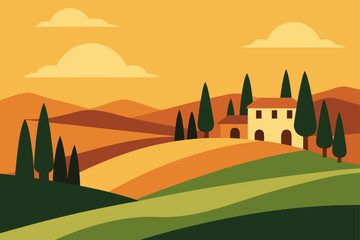 Tuscan countryside landscape with rolling hills and cypress trees