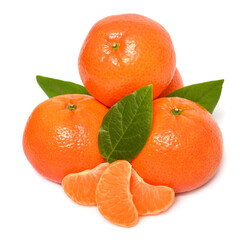 Fresh mandarin fruit and peeled with leaves isolated on white background